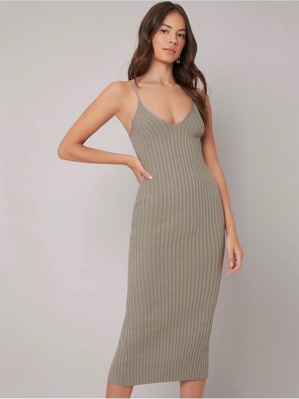 Ribbed Knit V-Neck Slip Midi Dress